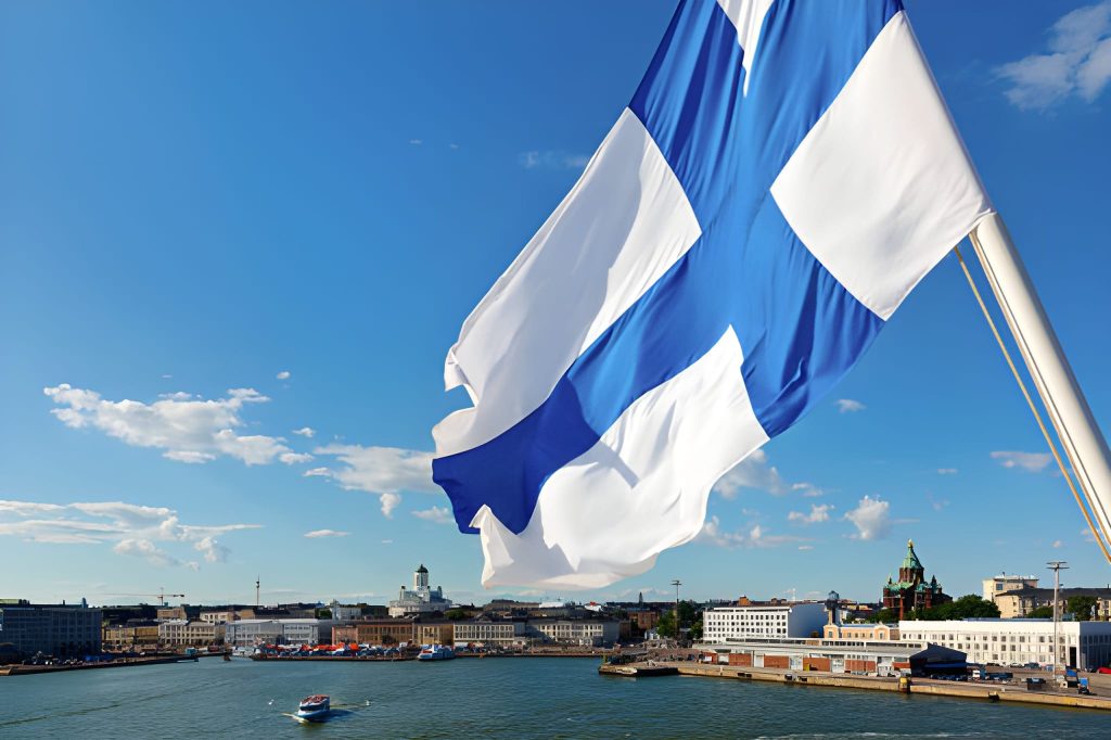 Finland's flag up in the sky
